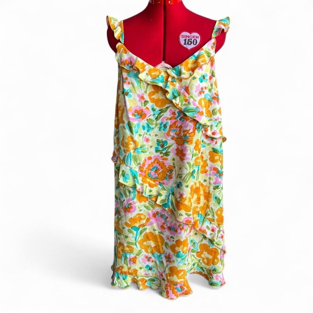 Emma & Michele Floral Ruffle Sun Dress Yellow Pink Fairycore Summer Womens Large